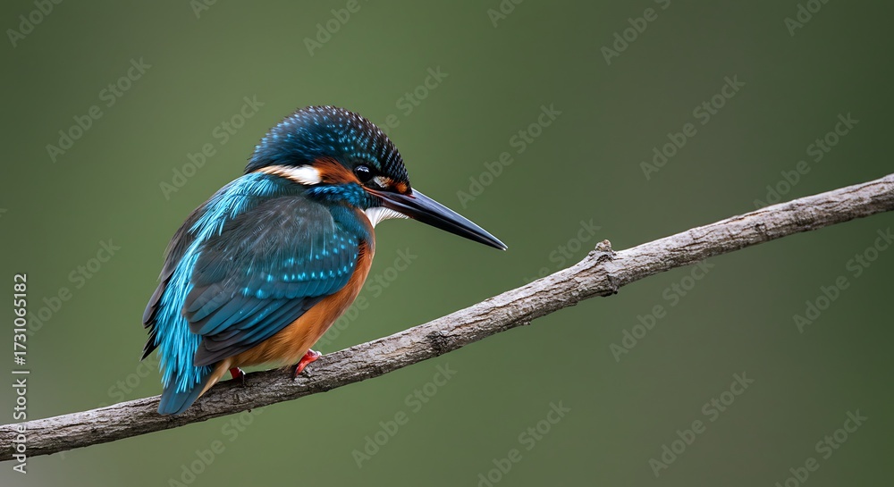 Fototapeta premium Kingfisher perched on a branch against a soft green background