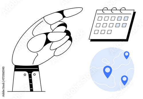 Hand pointing toward a calendar and world map with location pins. Ideal for planning, scheduling, navigation, organization, time management, coordination, travel. Represents a simple flat metaphor