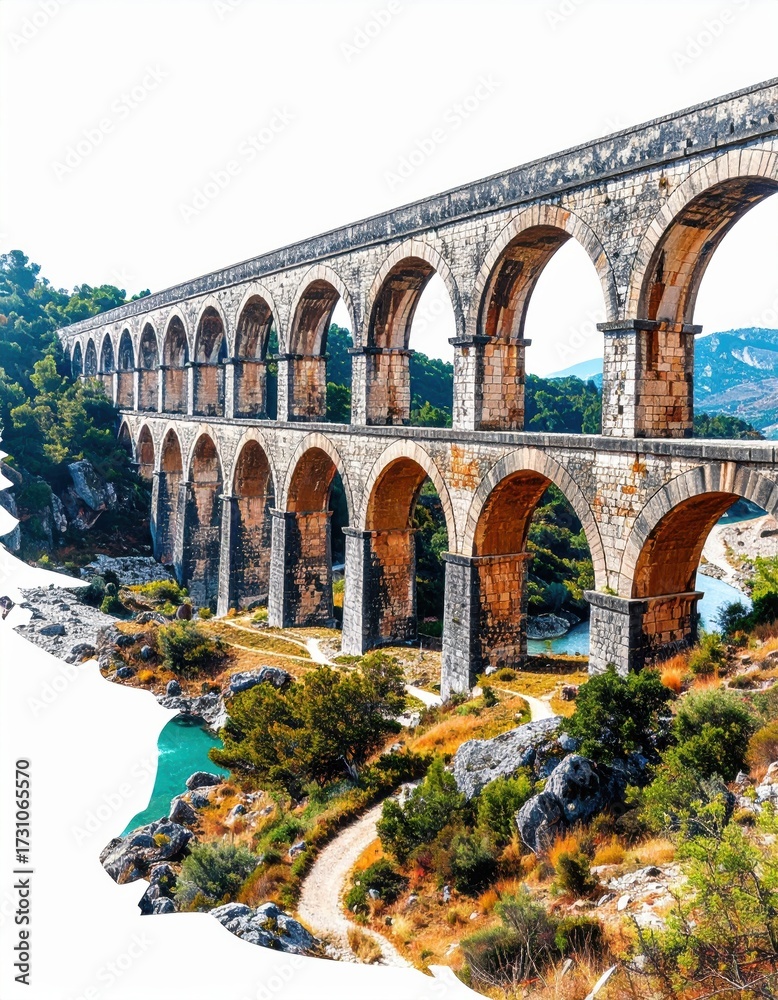 Obraz premium Spectacular Ancient Stone Aqueduct Spanning a Lush Landscape with Arches