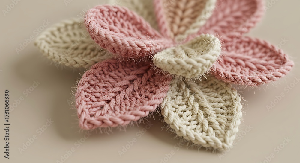 Fototapeta premium Knitted flower with soft pink and cream petals on neutral background
