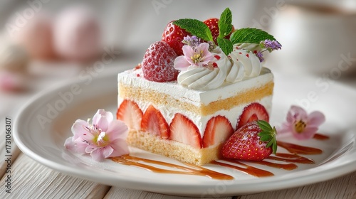 Elegant Strawberry Shortcake Slice with Delicate Floral Accents Presentation
