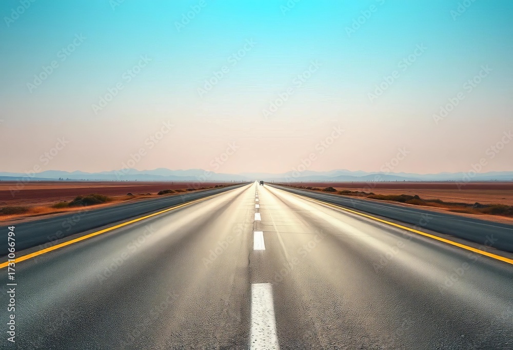 Naklejka premium Asphalt road stretching towards a distant, hazy horizon under a clear sky, asphalt, sky