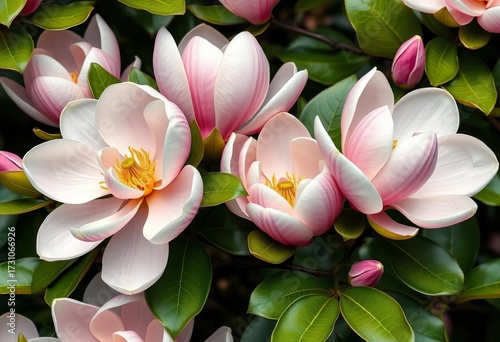 Elegant magnolia blossom pattern, showcasing delicate petals and lush greenery,  romantic,  petals