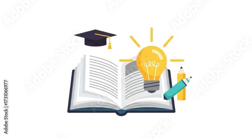 Flat Design Education Clip Art An Open Book with a Lightbulb and Turning Pages..jpeg