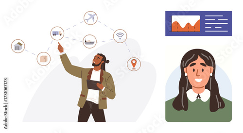 Man pointing at technology icons linked with network lines while holding a tablet, accompanied by a female colleague in a portrait frame. Ideal for teamwork, networking, technology, innovation, data