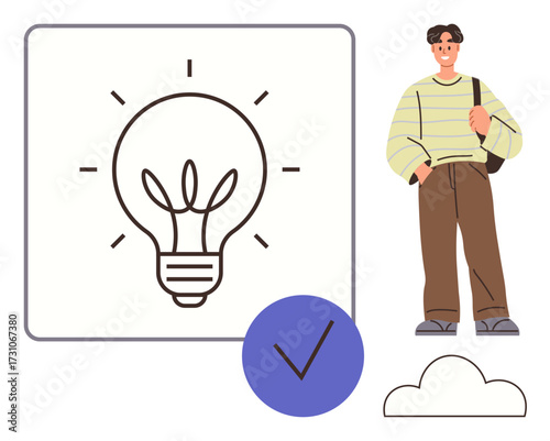 Lightbulb with glowing rays represents creativity, checkmark for approval, cloud for imagination, young man symbolizes individuality. Ideal for innovation, decision-making, brainstorming, creativity