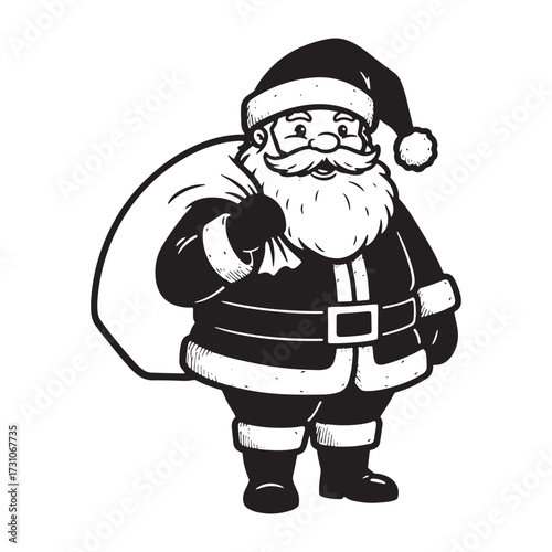Black and White Drawing of Santa Claus Carrying a Gift Sack
