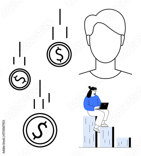 Dollar coins descending with a faceless silhouette, woman seated on bar graph analyzing laptop. Ideal for finance, investment, growth, business, analytics, freelancing, remote work simple flat