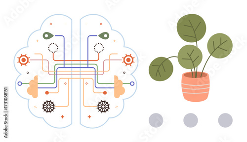 Stylized brain graphic featuring colorful neural pathways, interwoven gears, and nodes beside a potted plant with broad leaves. Ideal for innovation, technology, nature, harmony, sustainability