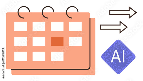 Calendar with highlighted date, two arrows indicating action, AI logo symbolizing technology. Ideal for planning, automation, scheduling, AI applications, workflow tasks digital tools. Simple flat