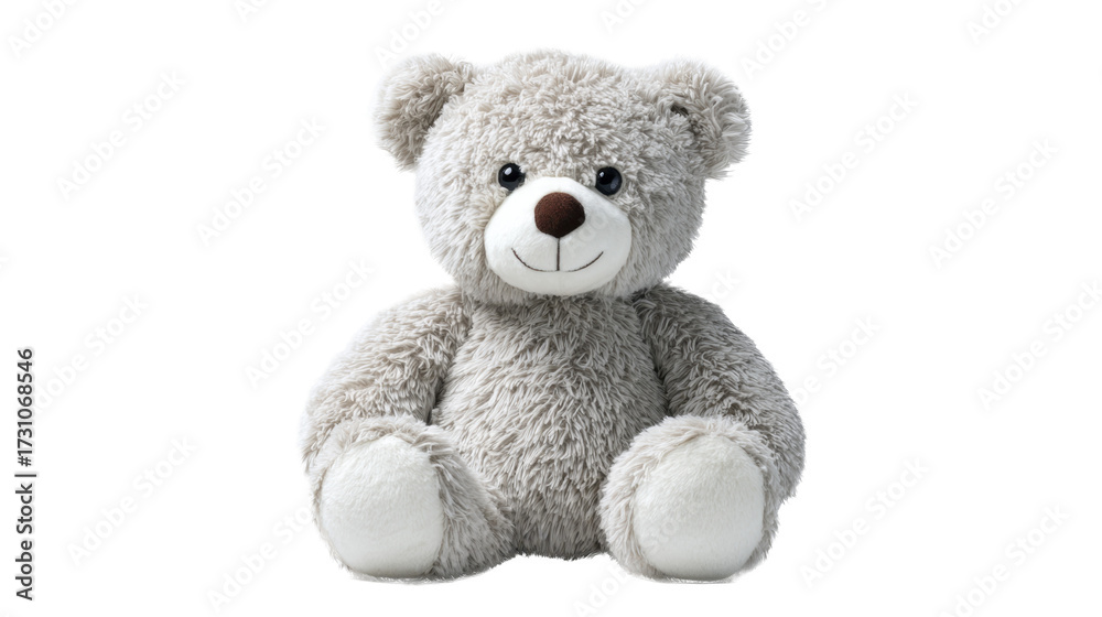 Obraz premium Gray fluffy teddy bear sitting on a transparent background, a cute soft plush toy PNG image