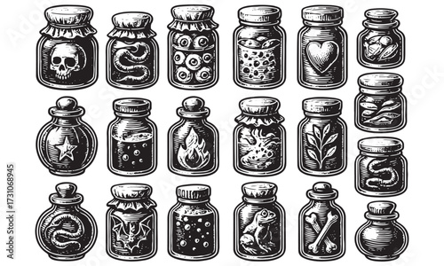 Occult Alchemy Potion Bottles Line Art Vector Icon Set