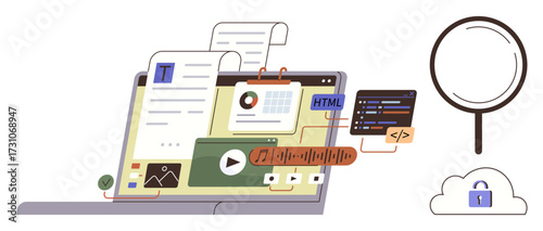 Laptop displaying files, HTML code, audio, analytics, text editor, magnifier, and cloud with lock. Ideal for coding, web design content creation analytics security digital tools education