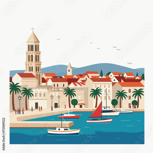 Split, croatia cityscape vector illustration with boats and palm trees in harbor.