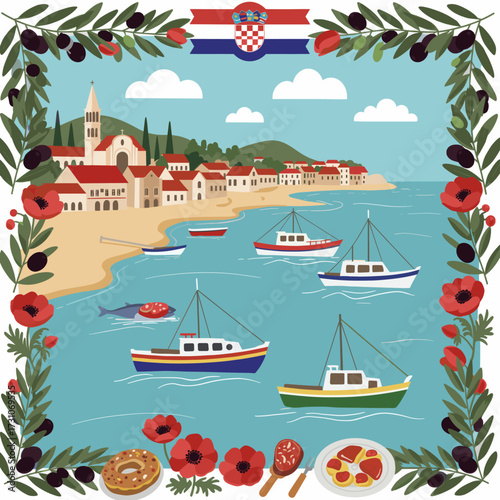 Croatian coastal scene with boats, olive branches, poppies and traditional food.