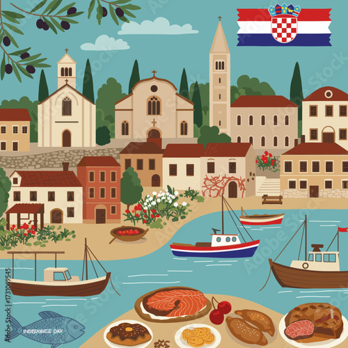 Croatian coastal town vector illustration with boats, food, and the national flag.