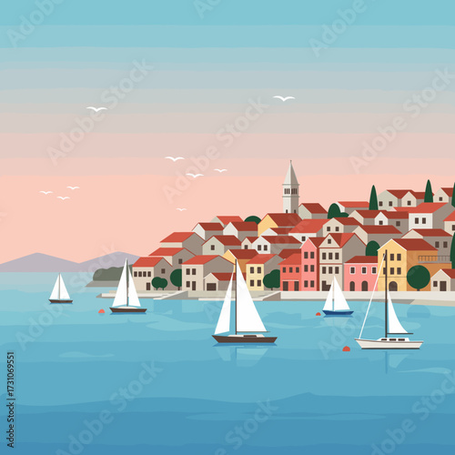 Coastal townscape with sailboats on the water and a church tower, vector illustration.