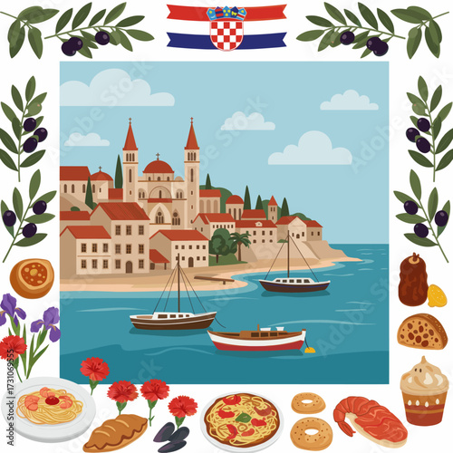 Croatian food and landmarks vector illustration. Traditional cuisine and culture.