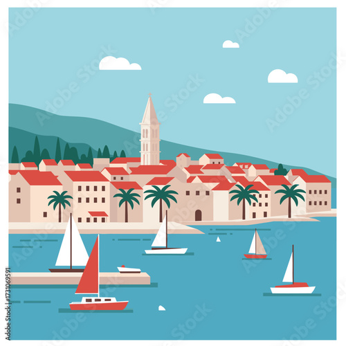 Coastal townscape with red roofs, church tower, palm trees, and sailboats on the sea.