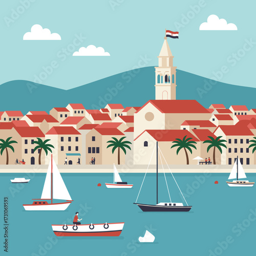 Scenic coastal town with red roofed buildings, boats, and palm trees on the coast.