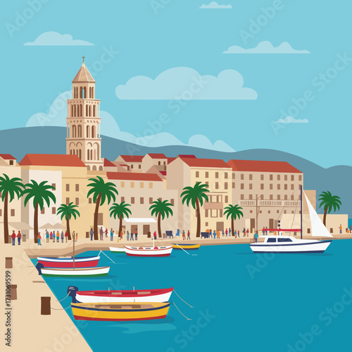 Split, croatia cityscape illustration with boats, palm trees, and diocletian palace.