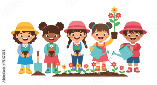 Adobe illustrator artwork vector illustration. Cheerful children engage in gardening, planting and watering flowers and plants in a vibrant outdoor scene with a city skyline and mountains, promoting