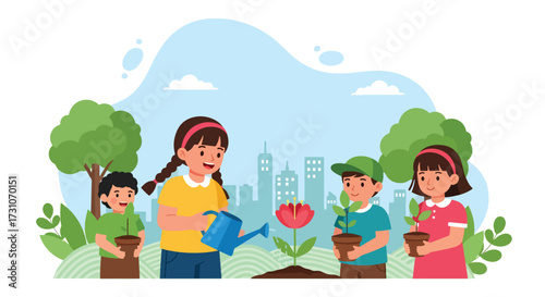Adobe illustrator artwork vector illustration. Cheerful children engage in gardening, planting and watering flowers and plants in a vibrant outdoor scene with a city skyline and mountains, promoting