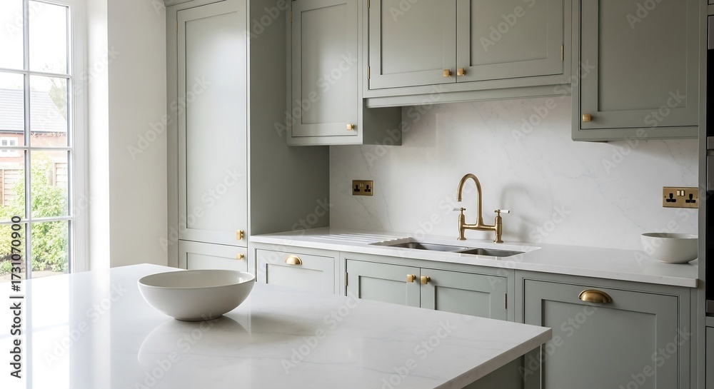 Fototapeta premium Contemporary kitchen with sage green cabinets and brass accents, clean daylight interior photography for modern home design