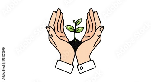 Simplified Botanical Environment Clip Art Hands Holding a Sprouting Seedling with Dew Drops..jpeg