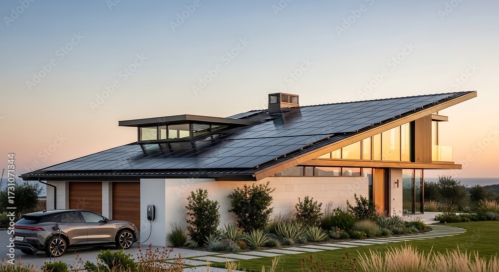 Fototapeta premium Contemporary villa with solar roof and electric SUV charging, cinematic architectural photography for luxury lifestyle ads
