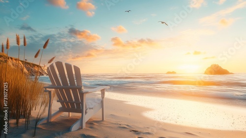 Beach sunset, adirondack chair, ocean view, tranquility