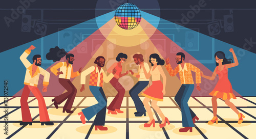 Vibrant illustration of a diverse group of people in 1970s fashion dancing under a colorful disco ball on an illuminated dance floor.