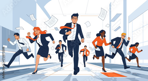 A diverse group of ambitious business people in suits running forward in a competitive corporate race through a modern office hallway.