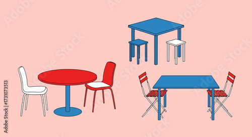 Illustration of tables and chairs in red, white, and blue.