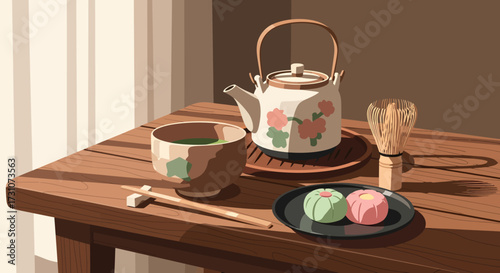 A serene Japanese tea ceremony setup with matcha, wagashi, and a teapot on a wooden table.