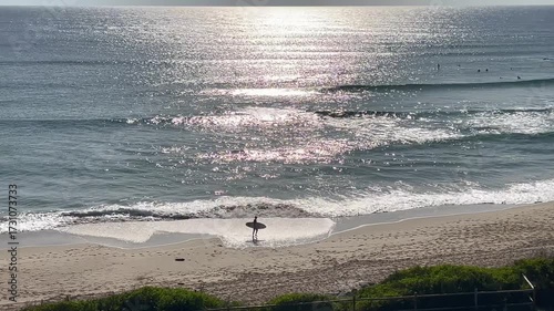 Wave surfer silhouette carry a surf board while walking on a sandy beach alone