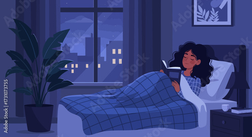 A young woman with curly hair reads a book in bed at night, illuminated by a soft glow, with a city skyline visible outside her window.