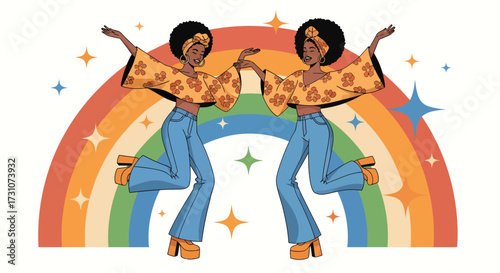 Two stylish women in 1970s fashion dancing in front of a rainbow.
