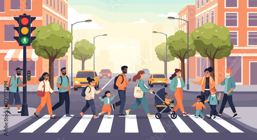 Diverse group of people of various ages and ethnicities crossing a busy city street at a crosswalk with a traffic light showing green.