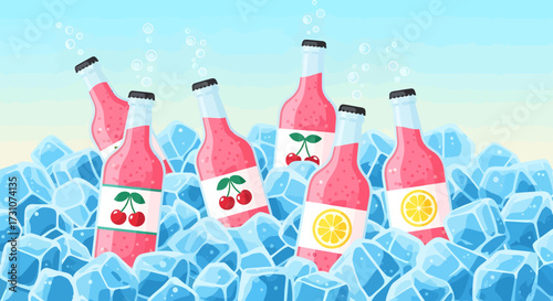 Refreshing pink soda bottles with cherry and lemon labels chilling in a bed of blue ice cubes, with effervescent bubbles rising.