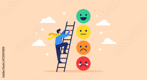 A person climbs a ladder towards positive emotions, representing progress and satisfaction.