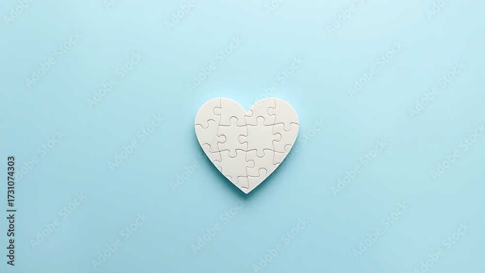 Fototapeta premium Heart-shaped puzzle on a light blue background, symbolizing autism awareness with soft overhead light.