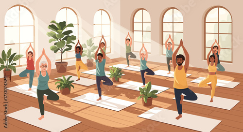 A diverse group of people practicing yoga in a bright, airy studio with large windows.