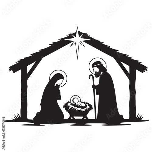 Nativity scene silhouette with Mary Joseph and baby Jesus in manger