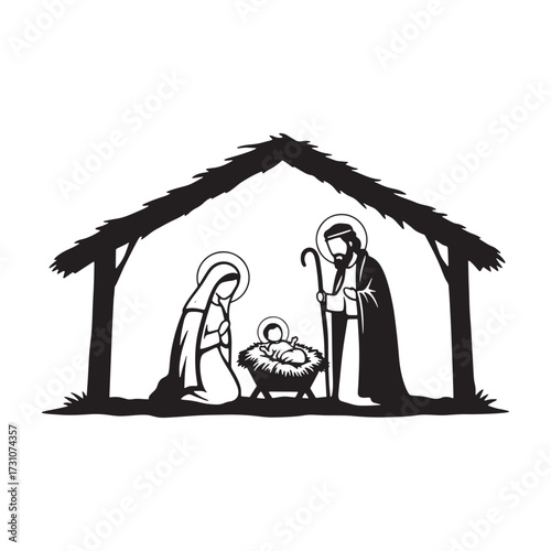 Nativity scene silhouette with Mary Joseph and baby Jesus Keywords: nativity scene, christmas