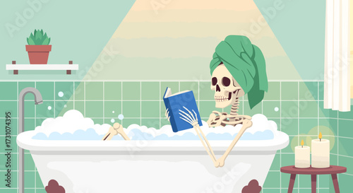 A skeleton relaxing in a bubble bath with a towel on its head and reading a book, with candles nearby.