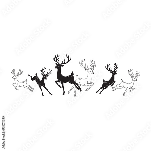 Running deer silhouettes in a row on white background Keywords: deer, reindeer, stag, running