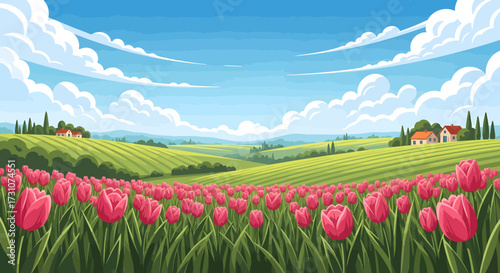 Vibrant landscape illustration featuring a vast field of pink tulips under a bright blue sky with fluffy white clouds and distant rolling green hills with houses.