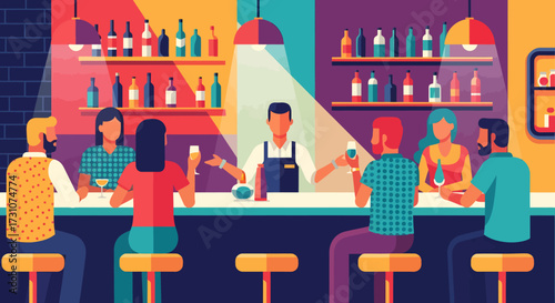 Illustration of people sitting at a bar, drinking and talking to the bartender.