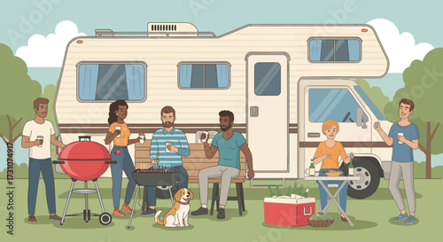 A diverse group of friends enjoying a barbecue and drinks next to a recreational vehicle in a park setting.